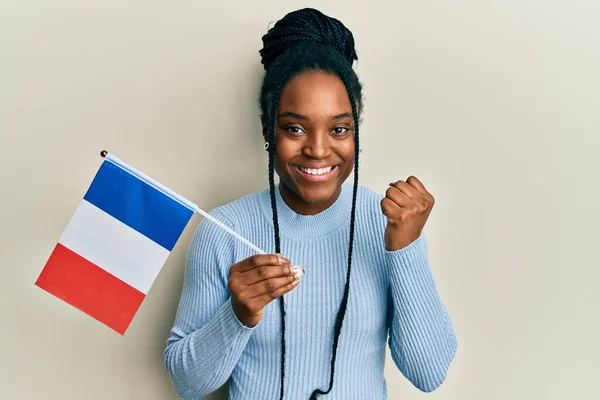 African American Woman Braided Hair Holding France Flag Screaming Proud — Stock Photo, Image