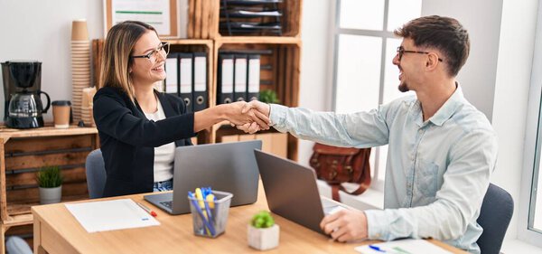 Young Man Woman Business Workers Shake Hands Working Office Stock Image