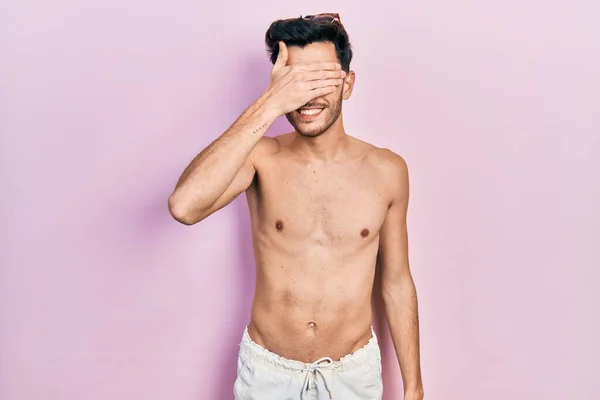 Young Hispanic Man Wearing Swimwear Shirtless Smiling Laughing Hand Face — Stock Photo, Image