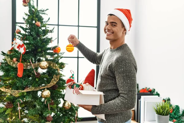 Young Hispanic Man Smiling Confident Decorating Christmas Tree Home — Stock Photo, Image