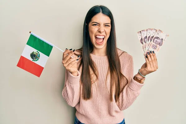 Joven Mujer Hispana Sosteniendo Bandera Mexicana Billetes Mexicanos Sonriendo Riendo — Foto de Stock