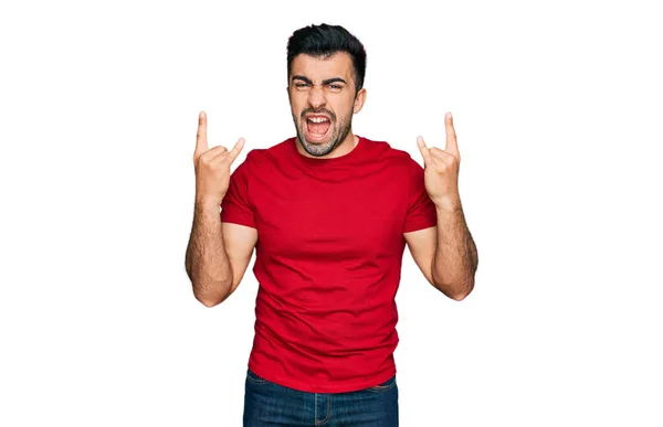 Hispanic Man Beard Wearing Casual Red Shirt Shouting Crazy Expression — Foto Stock
