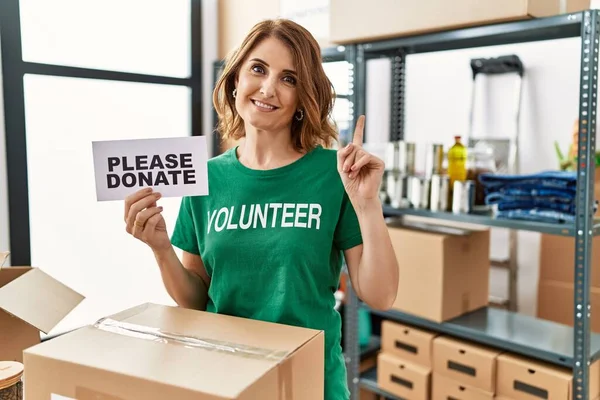 Middle age woman wearing volunteer t shirt holding please donate banner surprised with an idea or question pointing finger with happy face, number one