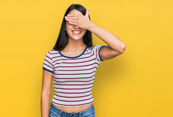 Young Hispanic Girl Wearing Casual Striped Shirt Smiling Laughing Hand — Stock Photo, Image