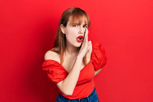 Redhead Young Woman Wearing Casual Red Shirt Hand Mouth Telling — Stock Photo, Image