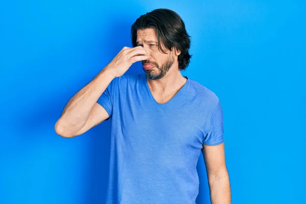 Middle Age Caucasian Man Wearing Casual Clothes Smelling Something Stinky — Stock Photo, Image