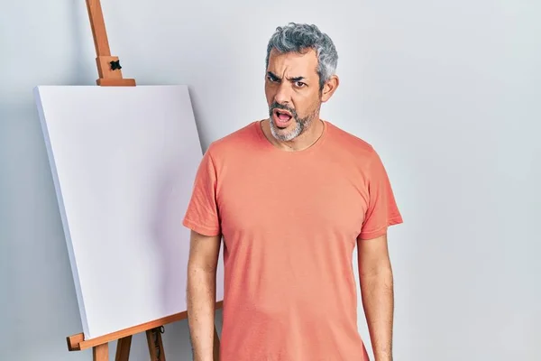 Handsome Middle Age Man Grey Hair Standing Painter Easel Stand — Stock Photo, Image