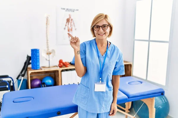 Middle Age Blonde Woman Working Pain Recovery Clinic Big Smile — Stock Photo, Image