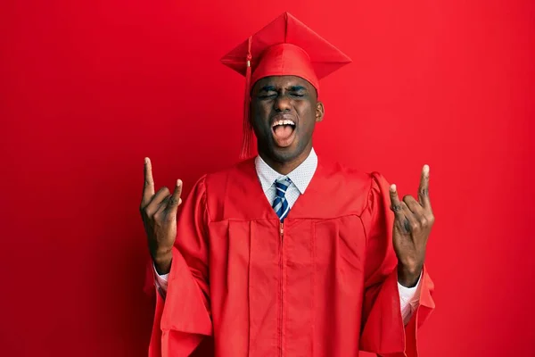 Young African American Man Wearing Graduation Cap Ceremony Robe Shouting — Stock Photo, Image