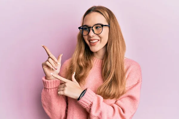 Young Blonde Woman Wearing Casual Clothes Glasses Smiling Looking Camera — Stock Photo, Image