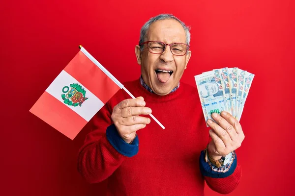 Hombre Mayor Guapo Con Pelo Gris Sosteniendo Bandera Perú Billetes —  Fotos de Stock