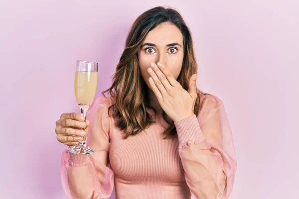 Young Hispanic Girl Drinking Glass Sparkling Champagne Covering Mouth Hand — Photo