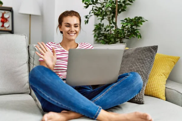 Young Woman Having Video Call Sitting Sofa Home — Stock Photo, Image