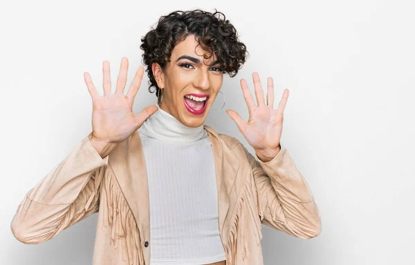 Handsome Man Wearing Make Woman Clothes Showing Pointing Fingers Number — Stock Photo, Image