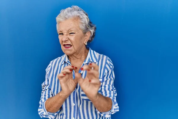 Senior Woman Grey Hair Standing Blue Background Disgusted Expression Displeased — Stock Photo, Image