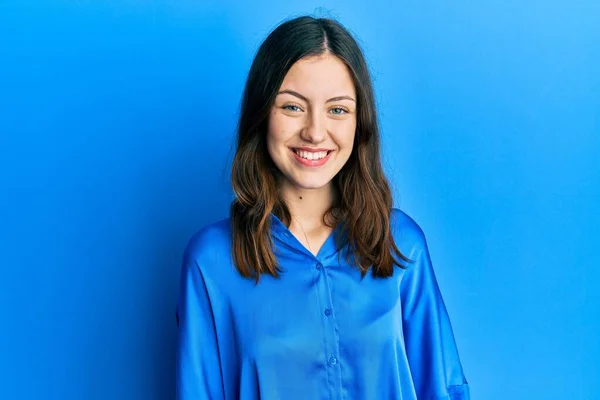 Young Brunette Woman Wearing Casual Blue Shirt Happy Cool Smile — Stockfoto