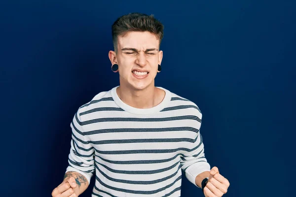 Young Caucasian Boy Ears Dilation Wearing Casual Striped Shirt Very — Stockfoto