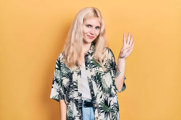 Beautiful Caucasian Woman Blond Hair Wearing Tropical Shirt Showing Pointing — Stock Photo, Image
