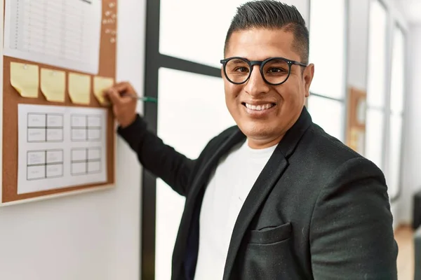 Jovem Empresário Latino Sorrindo Feliz Escrevendo Cortiça Escritório — Fotografia de Stock
