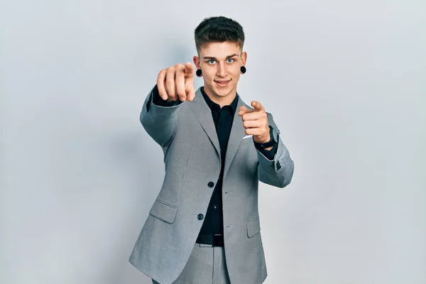 Young Caucasian Boy Ears Dilation Wearing Business Jacket Pointing You — Photo