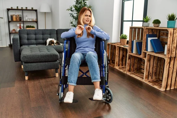 Young Beautiful Woman Sitting Wheelchair Home Disgusted Expression Displeased Fearful — Stock Photo, Image