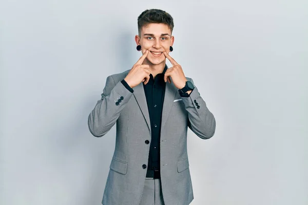 Young Caucasian Boy Ears Dilation Wearing Business Jacket Smiling Open — Stok fotoğraf