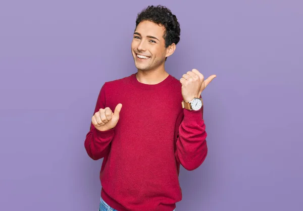 Young Handsome Man Wearing Casual Clothes Pointing Back Hand Thumbs — Stock Photo, Image