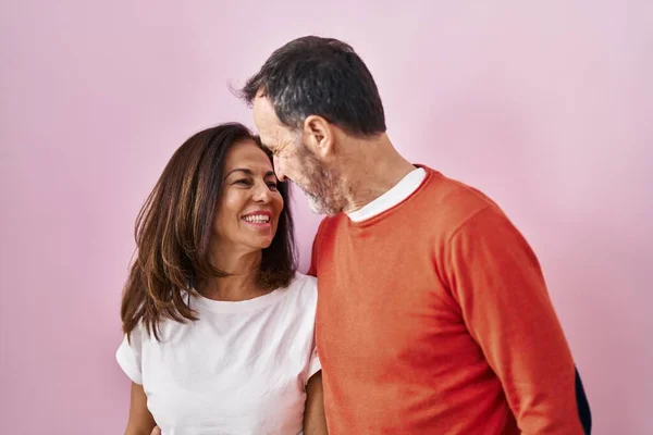 Middle Age Man Woman Couple Hugging Each Other Standing Pink — Stock Photo, Image