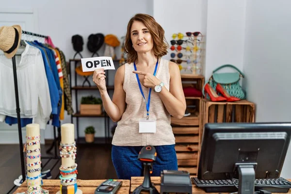 Middle Age Woman Holding Banner Open Text Retail Shop Smiling — Stok fotoğraf