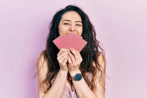 Young Hispanic Woman Covering Mouth Cards Smiling Laughing Hard Out — Stock Photo, Image