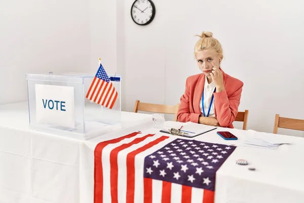 Beautiful Caucasian Woman Working Political Campaign Pointing Eye Watching You — Stock Photo, Image