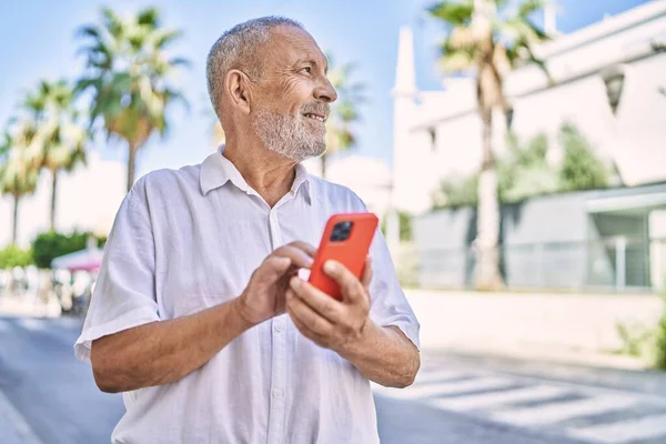 Senior Man Smiling Confident Using Smartphone Street — Stock Photo, Image