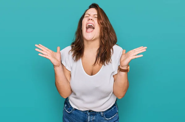 Young Size Woman Wearing Casual White Shirt Celebrating Mad Crazy — Stock Photo, Image