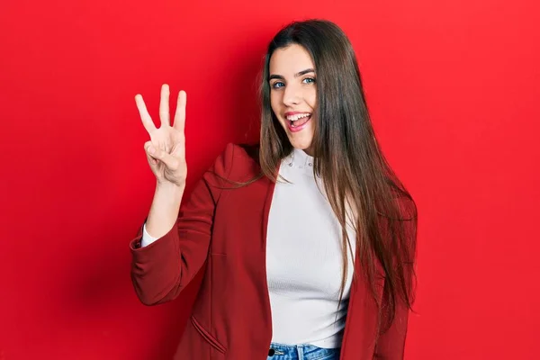 Junge Brünette Teenager Tragen Business Jacke Und Zeigen Mit Fingern — Stockfoto