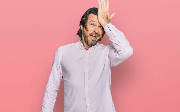 Middle Age Handsome Man Wearing Business Shirt Surprised Hand Head — Stock Photo, Image