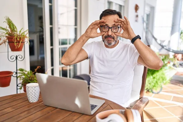 Middle Age Man Using Computer Laptop Home Trying Open Eyes — Stock Photo, Image