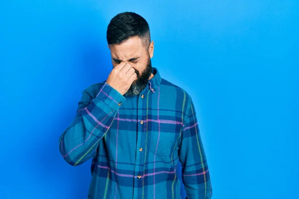Young Hispanic Man Wearing Casual Clothes Tired Rubbing Nose Eyes — Stock Photo, Image
