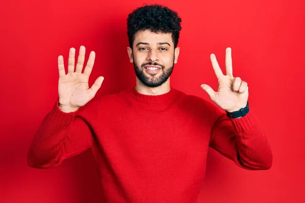 Junger Arabischer Mann Mit Bart Trägt Lässigen Roten Pullover Und — Stockfoto