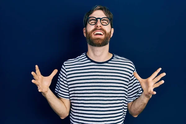 Caucasian Man Beard Wearing Striped Shirt Glasses Crazy Mad Shouting — Stock Photo, Image