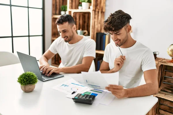 Two Hispanic Men Couple Smiling Confident Using Laptop Working Home — Stock Photo, Image