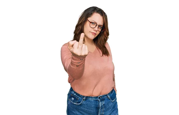 Young Size Woman Wearing Casual Clothes Glasses Showing Middle Finger — 스톡 사진