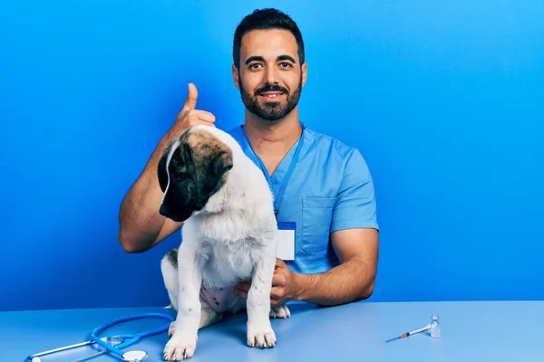 Красивый Латиноамериканец Ветеринар Бородой Проверяющий Здоровье Собаки Делает Счастливый Жест — стоковое фото