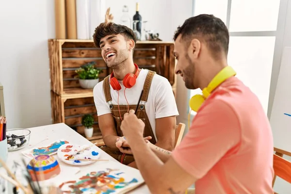 Two Hispanic Men Couple Smiling Confident Painting Palm Hands Art — Stock Photo, Image