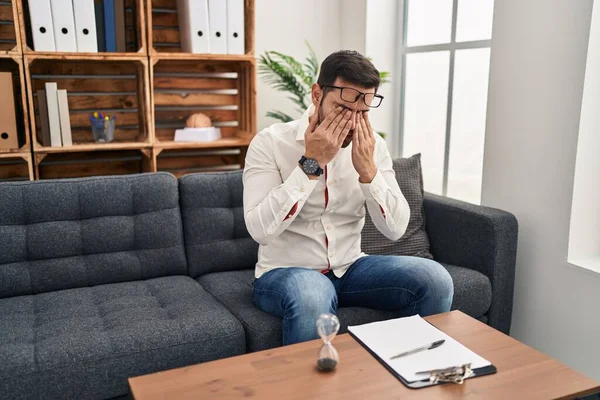 Young Hispanic Man Beard Working Consultation Office Rubbing Eyes Fatigue — Stock Photo, Image