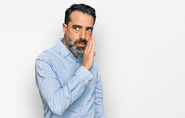 Homem Meia Idade Com Barba Vestindo Camisa Negócios Mão Boca — Fotografia de Stock