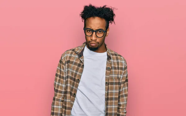 Young African American Man Beard Wearing Casual Clothes Glasses Skeptic — Stock Photo, Image