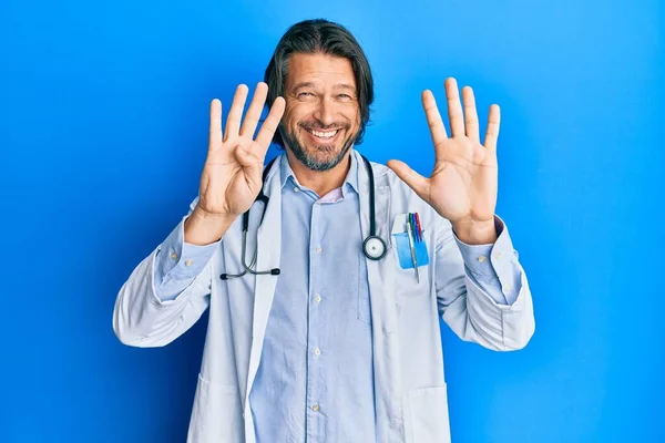 Middle Age Handsome Man Wearing Doctor Uniform Stethoscope Showing Pointing — Stock Photo, Image