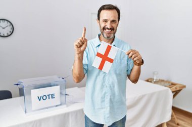Siyasi seçim kampanyasında sakallı orta yaşlı bir adam elinde bir fikir veya soruyla gülümseyen bir İngiliz bayrağı tutuyordu. 