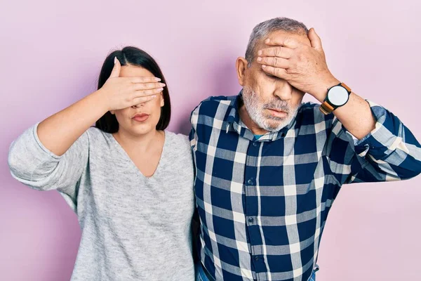 Hispanic Father Daughter Wearing Casual Clothes Covering Eyes Hand Looking — Stock Photo, Image