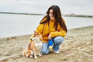 Güzel genç bir kadın sahilde mutlu Shiba Inu köpeğine sarılıyor.